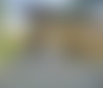 A blurred image of a wooden structure outdoors with greenery around.